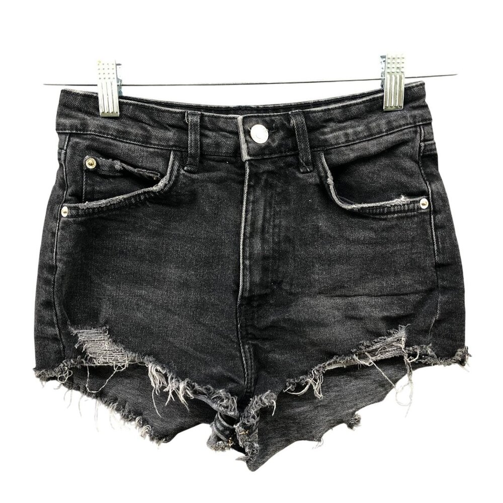 Zara High Rise Denim Jean Shorts Womens Size 2 Black Wash Cutoff Frayed Stretch